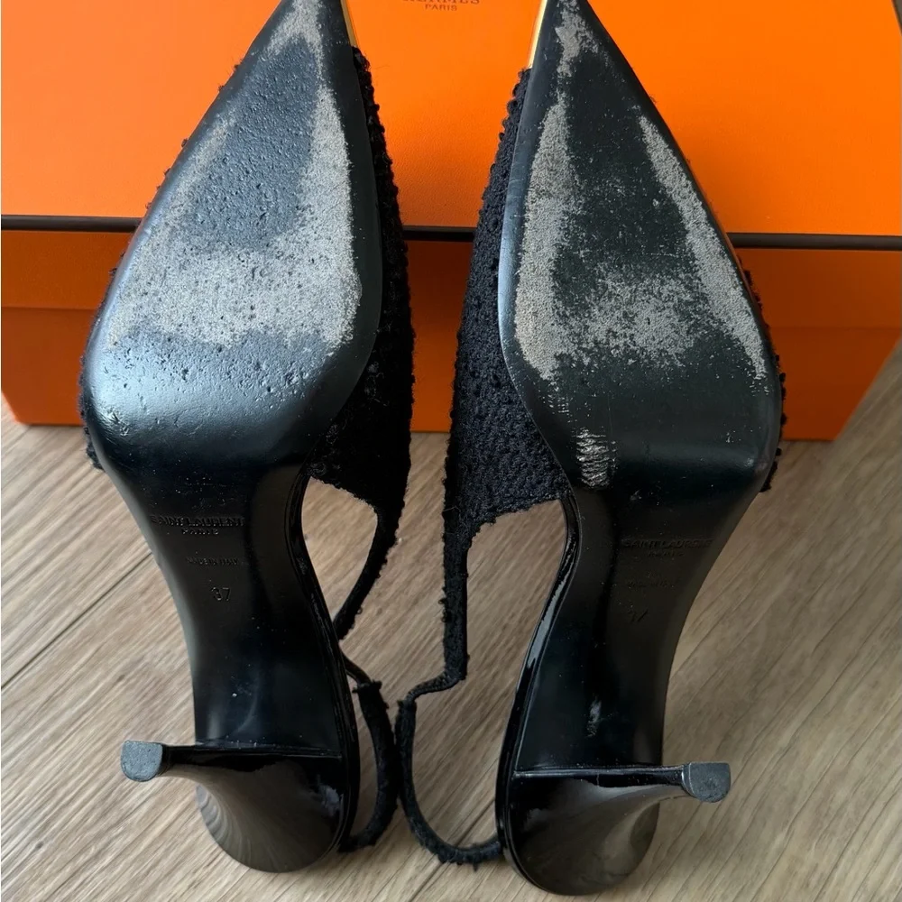 Saint Laurent Vesper Black Tweed Slingback Pointed-Toe Heels w/Gold Cap Toe 37 - Picture 6 of 7